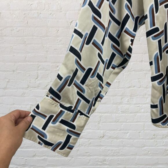 Zara Satin Retro Shirt Geo Chain Cream Blue Button Up Silky Collared Size S - Picture 9 of 16